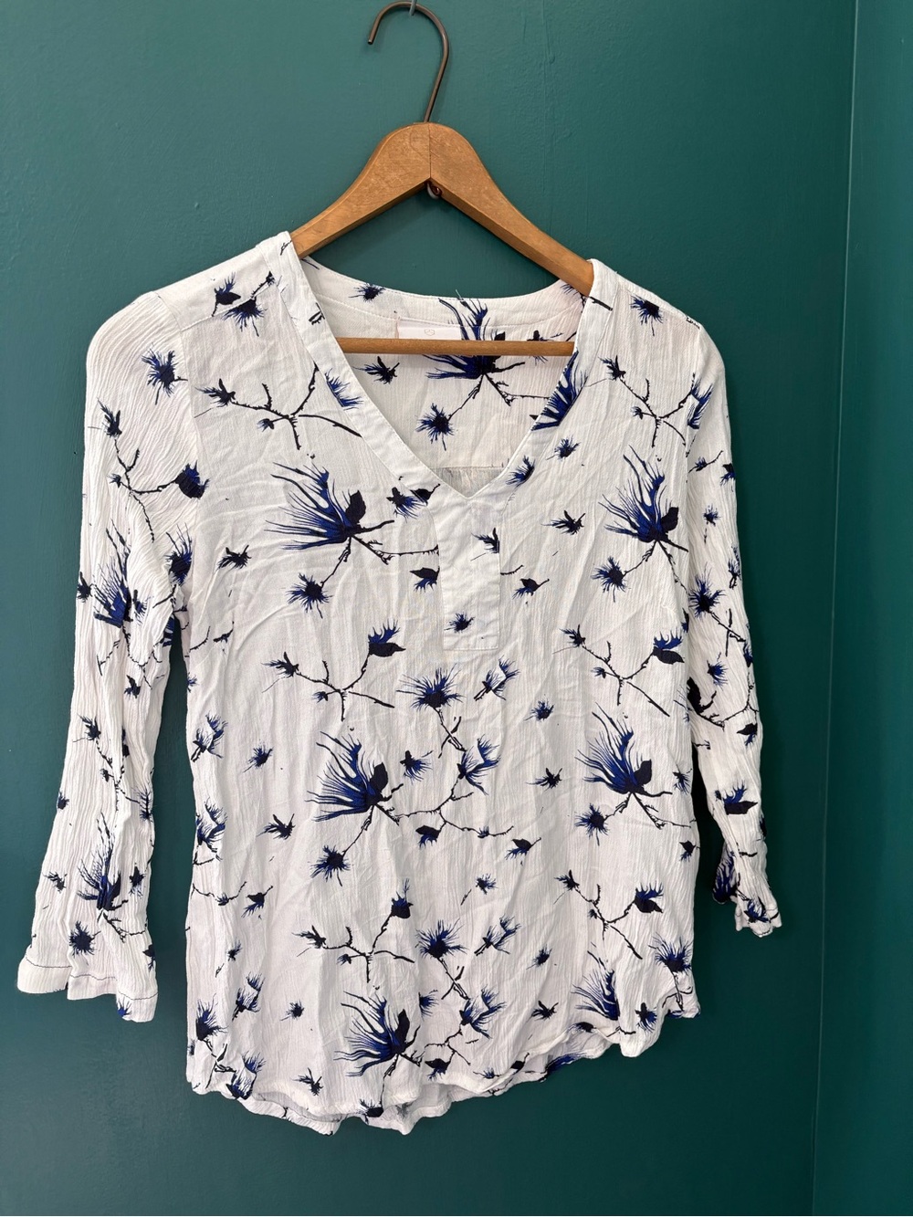 White Abstract Print V-Neck Peasant Top - Kaffe
